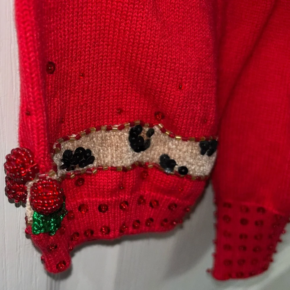 VTG Berek Ugly Christmas Sweater XL Red Leopard Bow Mistletoe Embellished Sequin